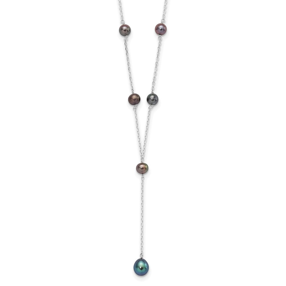 PSSN Sterling Silver Rhodium-plated 6-8mm Black Teardrop and Semi-Round Freshwater Cultured Pearl 6-Station Y-Drop 16 inch Necklace