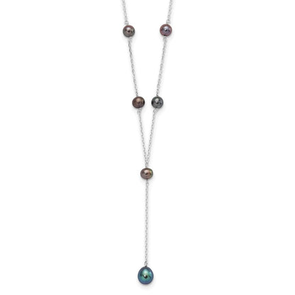 PSSN Sterling Silver Rhodium-plated 6-8mm Black Teardrop and Semi-Round Freshwater Cultured Pearl 6-Station Y-Drop 16 inch Necklace