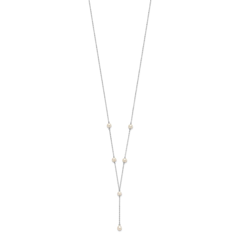 PSSN Sterling Silver Rhodium-plated 6-8mm White Teardrop and Semi-Round Freshwater Cultured Pearl 6-Station Y-Drop 16 inch Necklace