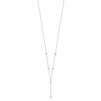 PSSN Sterling Silver Rhodium-plated 6-8mm White Teardrop and Semi-Round Freshwater Cultured Pearl 6-Station Y-Drop 16 inch Necklace