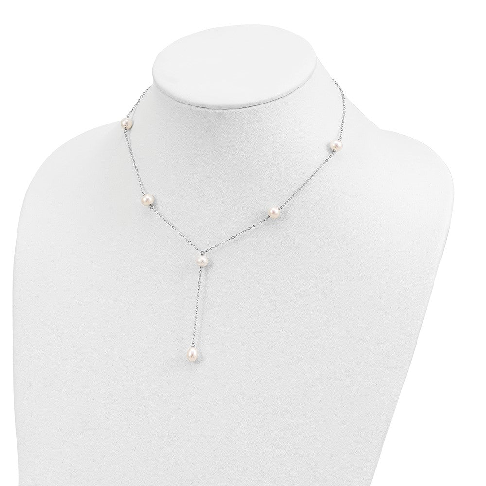 PSSN Sterling Silver Rhodium-plated 6-8mm White Teardrop and Semi-Round Freshwater Cultured Pearl 6-Station Y-Drop 16 inch Necklace