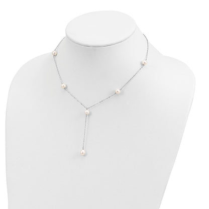 PSSN Sterling Silver Rhodium-plated 6-8mm White Teardrop and Semi-Round Freshwater Cultured Pearl 6-Station Y-Drop 16 inch Necklace