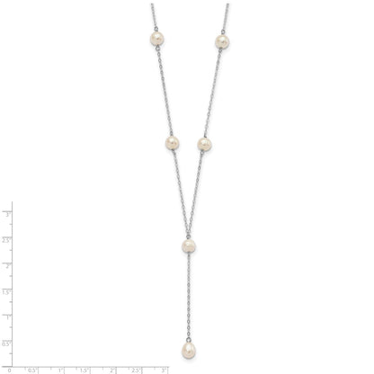 PSSN Sterling Silver Rhodium-plated 6-8mm White Teardrop and Semi-Round Freshwater Cultured Pearl 6-Station Y-Drop 16 inch Necklace