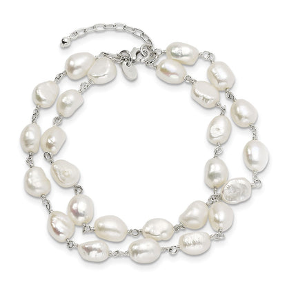PSSB Sterling Silver 2-Strand White Baroque FW Cultured Pearl 8.5in Bracelet