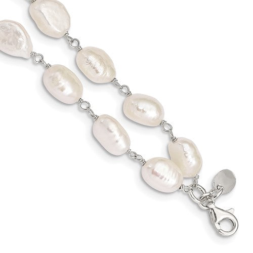 PSSB Sterling Silver 2-Strand White Baroque FW Cultured Pearl 8.5in Bracelet