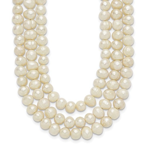 PSSN Sterling Silver Triple Strand White FW Cultured Pearl Necklace