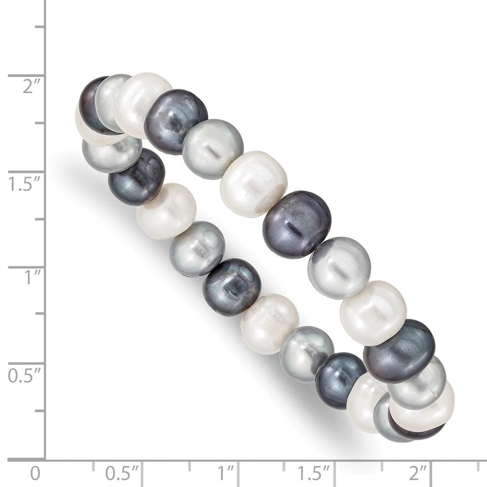 PB 8-9mm White, Platinum and Black Near-Round Freshwater Cultured Pearl Stretch Bracelet