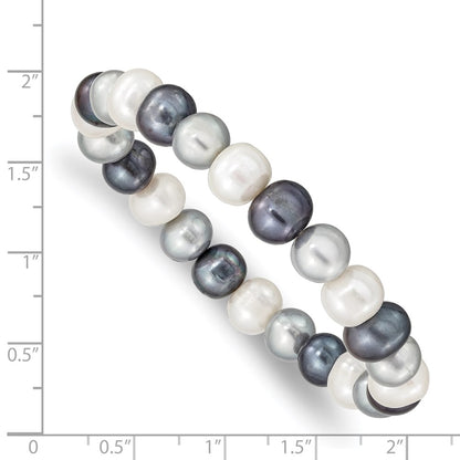 PB 8-9mm White, Platinum and Black Near-Round Freshwater Cultured Pearl Stretch Bracelet
