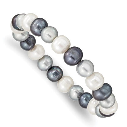 PB 8-9mm White, Platinum and Black Near-Round Freshwater Cultured Pearl Stretch Bracelet
