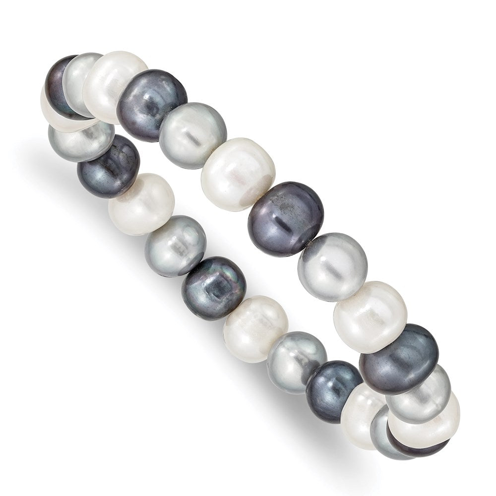 PB 8-9mm White, Platinum and Black Near-Round Freshwater Cultured Pearl Stretch Bracelet