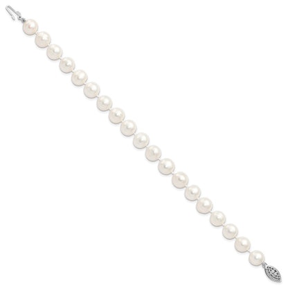 PSSB Sterling Silver Rhodium-plated 6-7mm White Near Round Freshwater Cultured Pearl 8.25 inch Bracelet