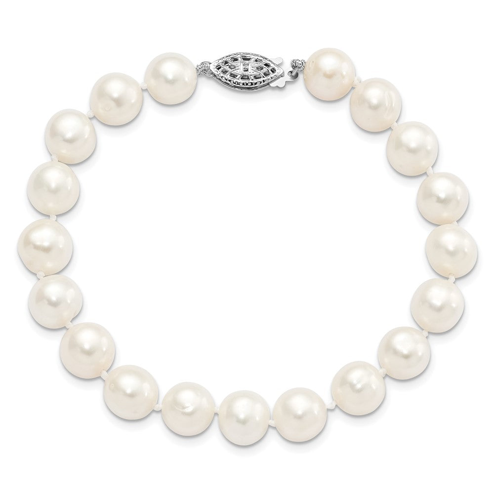 PSSB Sterling Silver Rhodium-plated 6-7mm White Near Round Freshwater Cultured Pearl 8.25 inch Bracelet