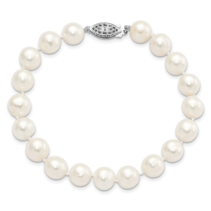 PSSB Sterling Silver Rhodium-plated 6-7mm White Near Round Freshwater Cultured Pearl 8.25 inch Bracelet