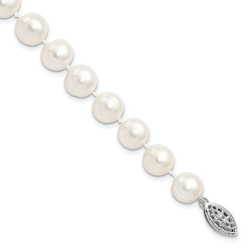 PSSB Sterling Silver Rhodium-plated 6-7mm White Near Round Freshwater Cultured Pearl 8.25 inch Bracelet