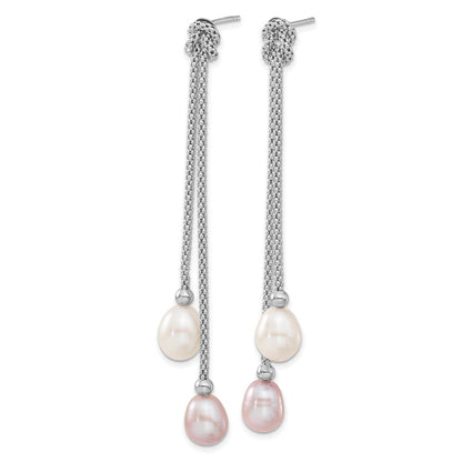 PSSN Sterling Silver Rhodium-plated 7-8mm Pink and White Teardrop Freshwater Cultured Pearl Knot 18 inch Necklace and Post Dangle Earrings Set