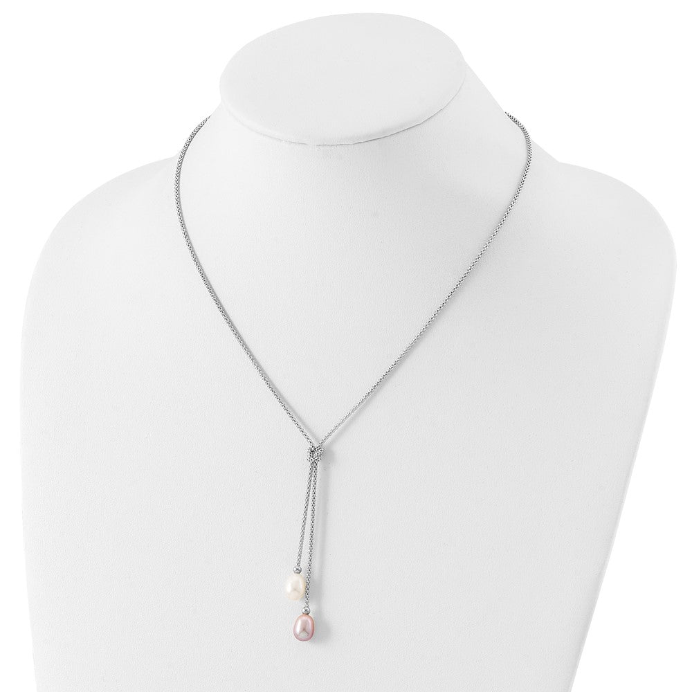 PSSN Sterling Silver Rhodium-plated 7-8mm Pink and White Teardrop Freshwater Cultured Pearl Knot 18 inch Necklace and Post Dangle Earrings Set