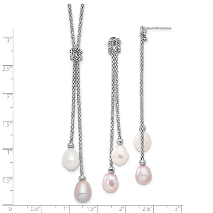 PSSN Sterling Silver Rhodium-plated 7-8mm Pink and White Teardrop Freshwater Cultured Pearl Knot 18 inch Necklace and Post Dangle Earrings Set