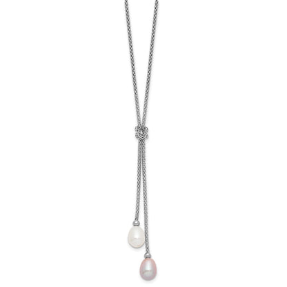 PSSN Sterling Silver Rhodium-plated 7-8mm Pink and White Teardrop Freshwater Cultured Pearl Knot 18 inch Necklace and Post Dangle Earrings Set