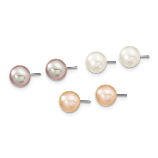 PSSN Sterling Silver Rhodium-plated 6-7mm White, Pink and Purple Semi-Round Freshwater Cultured Pearl 18 inch Necklace, 7.25 inch Bracelet and 3-piece Button Post Earrings Set