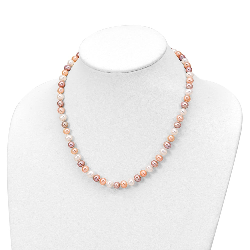 PSSN Sterling Silver Rhodium-plated 6-7mm White, Pink and Purple Semi-Round Freshwater Cultured Pearl 18 inch Necklace, 7.25 inch Bracelet and 3-piece Button Post Earrings Set