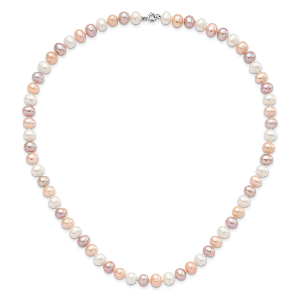PSSN Sterling Silver Rhodium-plated 6-7mm White, Pink and Purple Semi-Round Freshwater Cultured Pearl 18 inch Necklace, 7.25 inch Bracelet and 3-piece Button Post Earrings Set