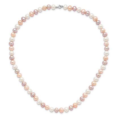 PSSN Sterling Silver Rhodium-plated 6-7mm White, Pink and Purple Semi-Round Freshwater Cultured Pearl 18 inch Necklace, 7.25 inch Bracelet and 3-piece Button Post Earrings Set
