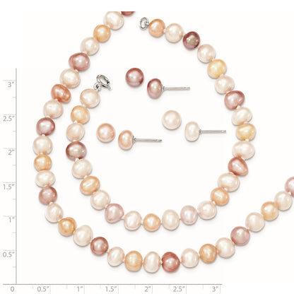 PSSN Sterling Silver Rhodium-plated 6-7mm White, Pink and Purple Semi-Round Freshwater Cultured Pearl 18 inch Necklace, 7.25 inch Bracelet and 3-piece Button Post Earrings Set