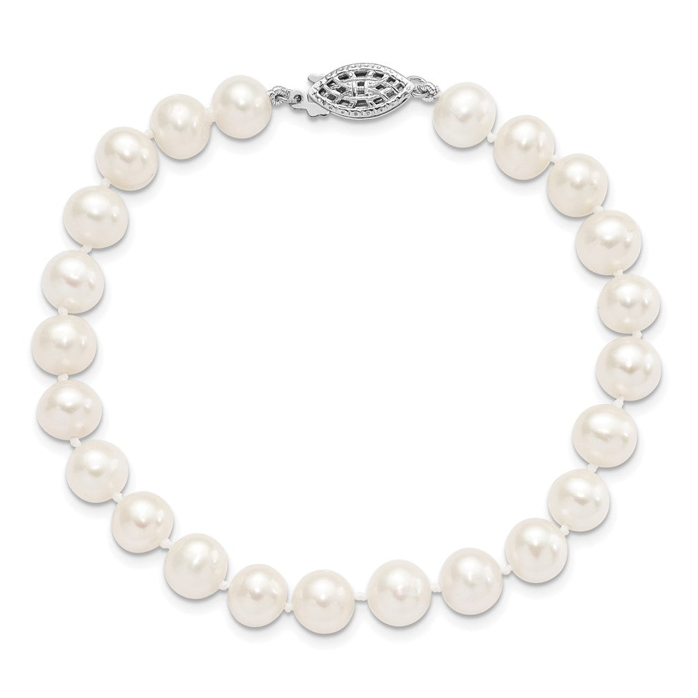 PSSB Sterling Silver Rhodium-plated 7-8mm White Near-Round Freshwater Cultured Pearl 7.25 inch Bracelet