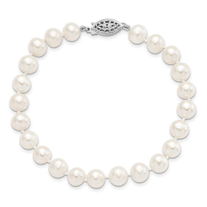 PSSB Sterling Silver Rhodium-plated 7-8mm White Near-Round Freshwater Cultured Pearl 7.25 inch Bracelet