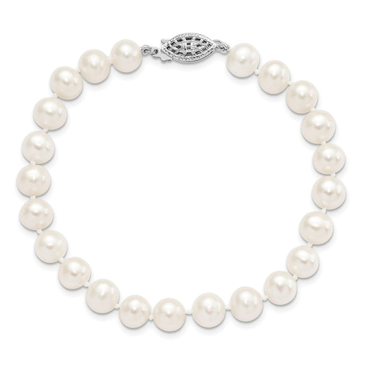 PSSB Sterling Silver Rhodium-plated 7-8mm White Near-Round Freshwater Cultured Pearl 7.25 inch Bracelet