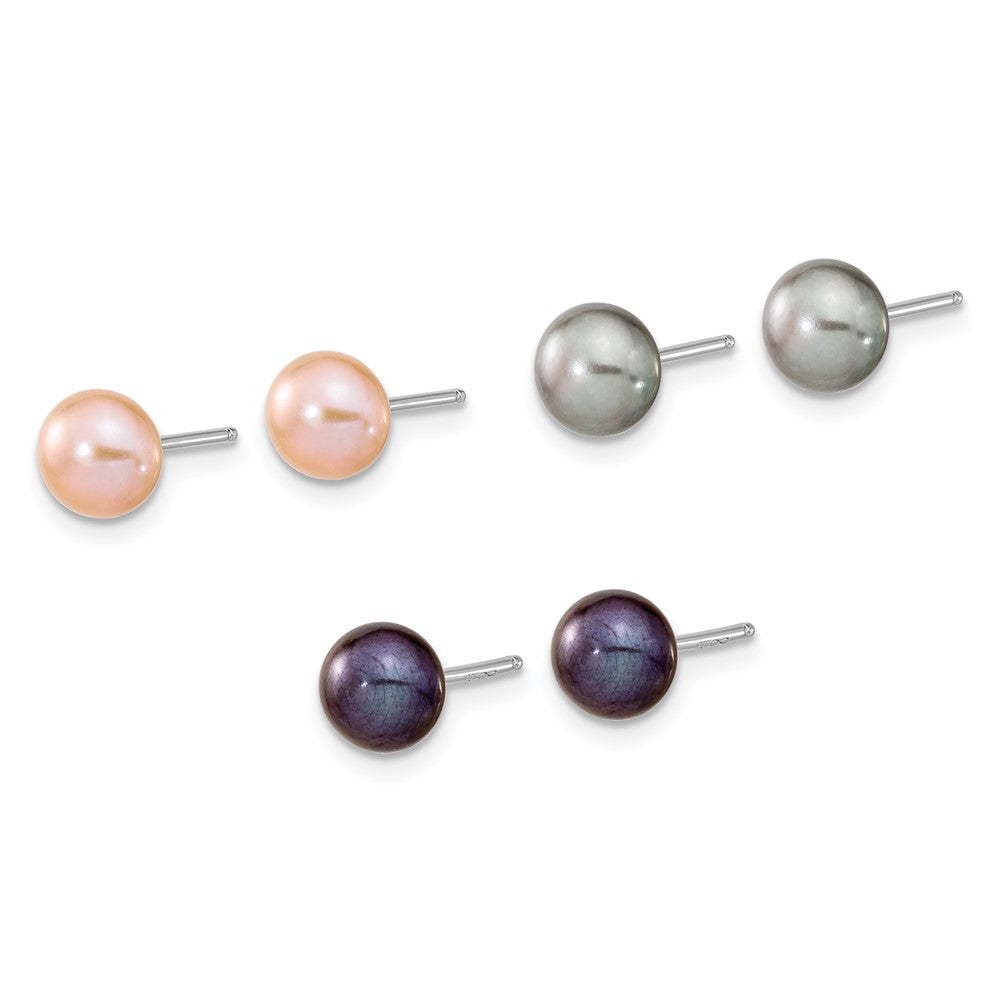 PSSN Sterling Silver Rhodium-plated 6-7mm Black, Pink and Gray Semi-Round Freshwater Cultured Pearl 18 inch Necklace, 7.25 inch Bracelet and 3-piece Button Post Earrings Set