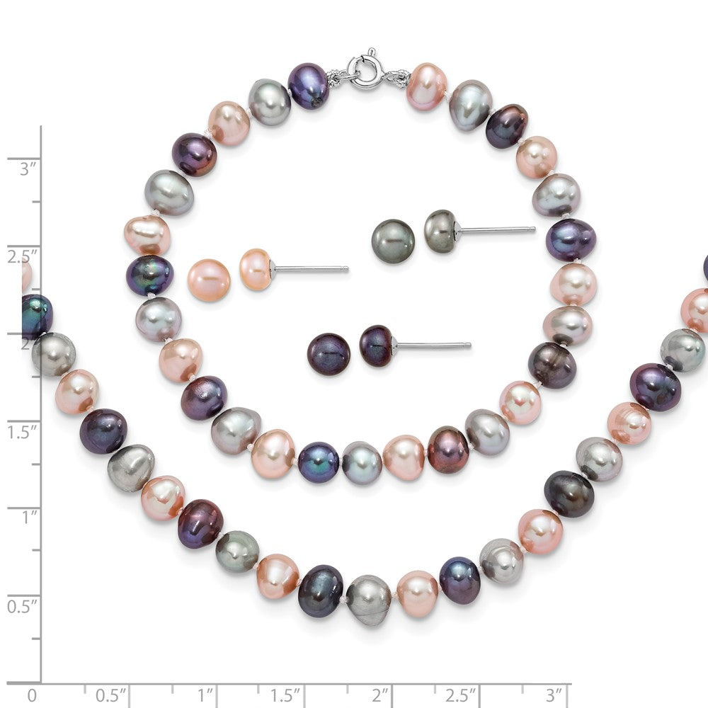 PSSN Sterling Silver Rhodium-plated 6-7mm Black, Pink and Gray Semi-Round Freshwater Cultured Pearl 18 inch Necklace, 7.25 inch Bracelet and 3-piece Button Post Earrings Set