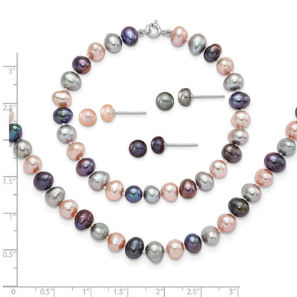 PSSN Sterling Silver Rhodium-plated 6-7mm Black, Pink and Gray Semi-Round Freshwater Cultured Pearl 18 inch Necklace, 7.25 inch Bracelet and 3-piece Button Post Earrings Set