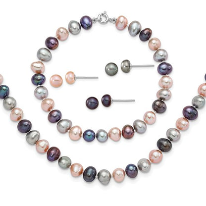 PSSN Sterling Silver Rhodium-plated 6-7mm Black, Pink and Gray Semi-Round Freshwater Cultured Pearl 18 inch Necklace, 7.25 inch Bracelet and 3-piece Button Post Earrings Set