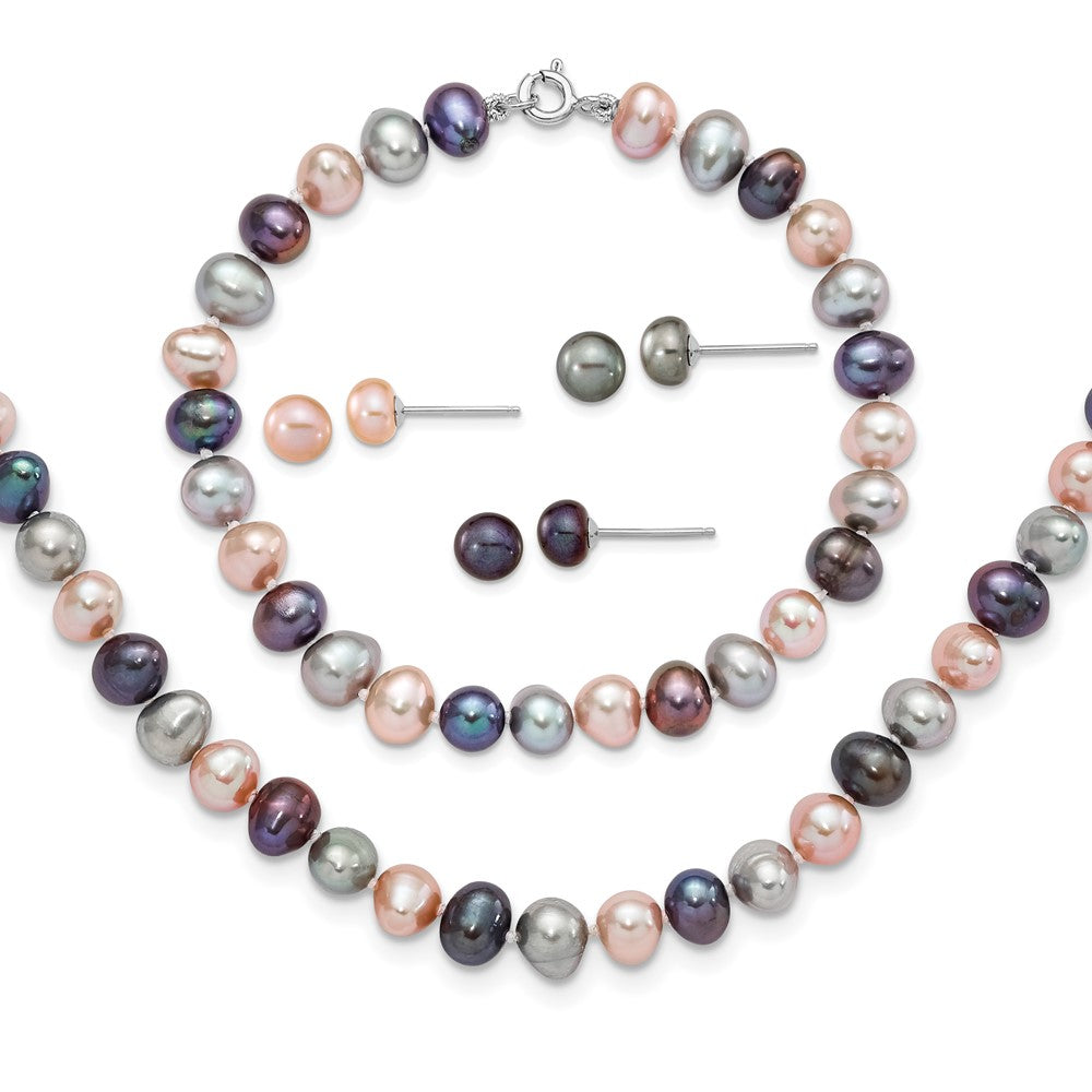 PSSN Sterling Silver Rhodium-plated 6-7mm Black, Pink and Gray Semi-Round Freshwater Cultured Pearl 18 inch Necklace, 7.25 inch Bracelet and 3-piece Button Post Earrings Set
