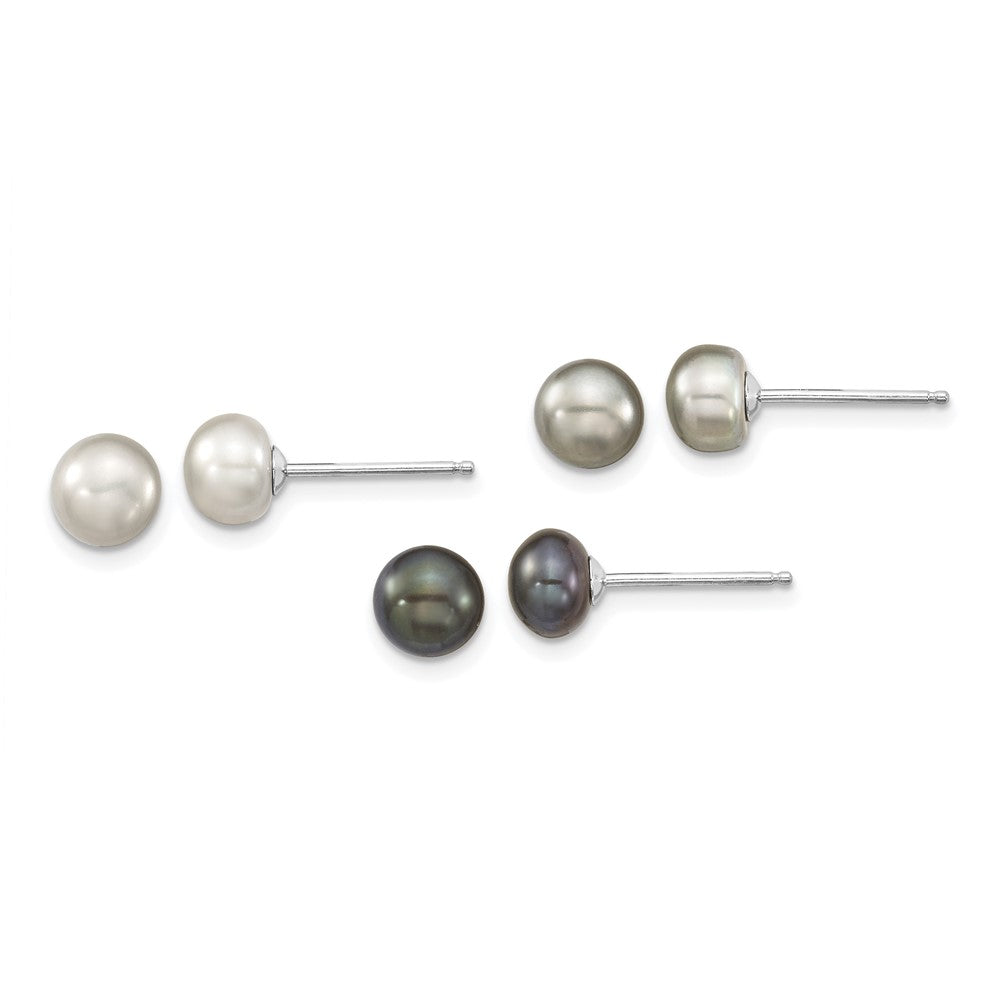 PSSN Sterling Silver Rhodium-plated 6-7mm Grey and Black Semi-Round Freshwater Cultured Pearl 18 inch Necklace and 7.25 Bracelet and 3-piece Button Post Earrings Set