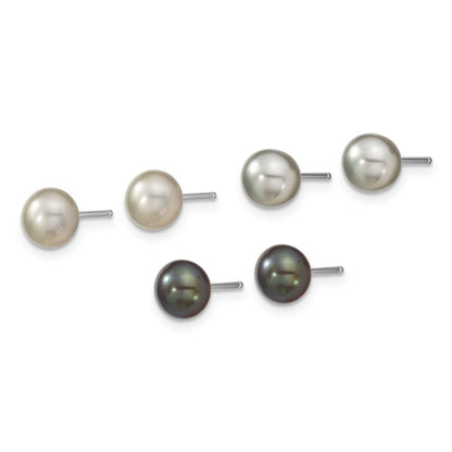 PSSN Sterling Silver Rhodium-plated 6-7mm Grey and Black Semi-Round Freshwater Cultured Pearl 18 inch Necklace and 7.25 Bracelet and 3-piece Button Post Earrings Set