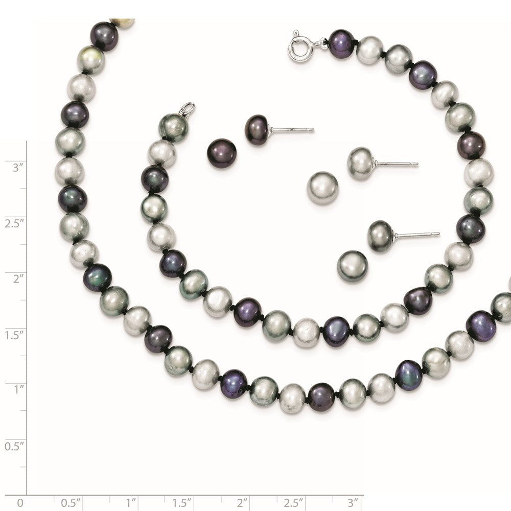 PSSN Sterling Silver Rhodium-plated 6-7mm Grey and Black Semi-Round Freshwater Cultured Pearl 18 inch Necklace and 7.25 Bracelet and 3-piece Button Post Earrings Set