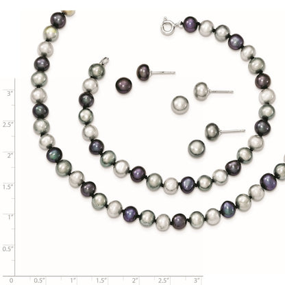 PSSN Sterling Silver Rhodium-plated 6-7mm Grey and Black Semi-Round Freshwater Cultured Pearl 18 inch Necklace and 7.25 Bracelet and 3-piece Button Post Earrings Set