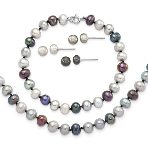 PSSN Sterling Silver Rhodium-plated 6-7mm Grey and Black Semi-Round Freshwater Cultured Pearl 18 inch Necklace and 7.25 Bracelet and 3-piece Button Post Earrings Set
