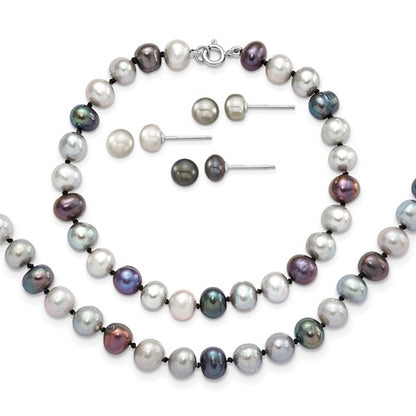 PSSN Sterling Silver Rhodium-plated 6-7mm Grey and Black Semi-Round Freshwater Cultured Pearl 18 inch Necklace and 7.25 Bracelet and 3-piece Button Post Earrings Set