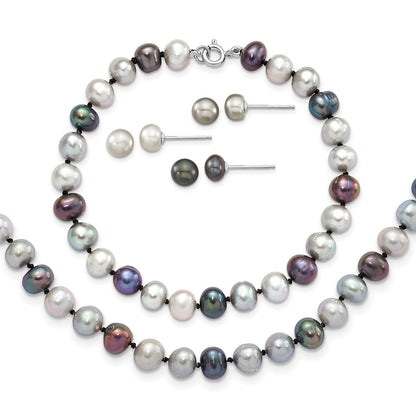 PSSN Sterling Silver Rhodium-plated 6-7mm Grey and Black Semi-Round Freshwater Cultured Pearl 18 inch Necklace and 7.25 Bracelet and 3-piece Button Post Earrings Set