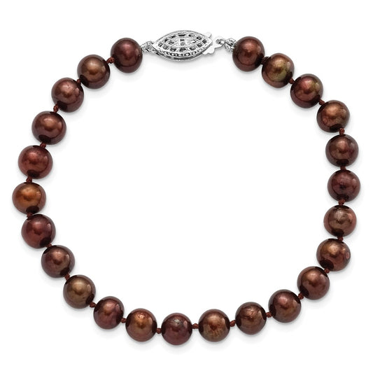 PSSB Sterling Silver Rhodium-plated 6-7mm Brown Near-Round Freshwater Cultured Pearl 7.25 inch Bracelet