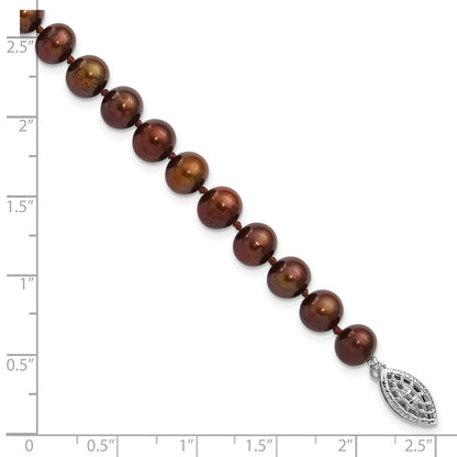 PSSB Sterling Silver Rhodium-plated 6-7mm Brown Near-Round Freshwater Cultured Pearl 7.25 inch Bracelet
