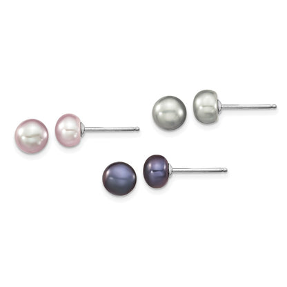 PSSN Sterling Silver Rhodium-plated 6-7mm Grey, Pink and Black Semi-Round Freshwater Cultured Pearl 18 inch Necklace, 7.25 inch Bracelet and 3-piece Button Post Earrings Set