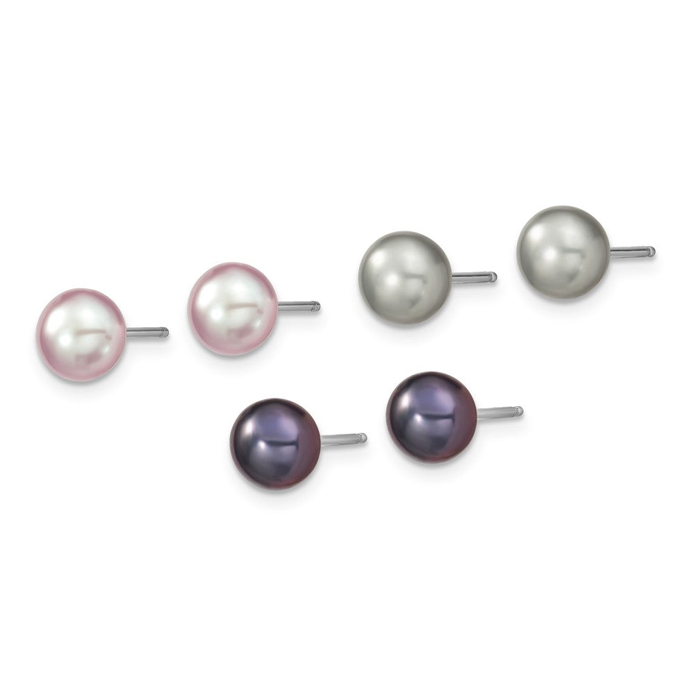 PSSN Sterling Silver Rhodium-plated 6-7mm Grey, Pink and Black Semi-Round Freshwater Cultured Pearl 18 inch Necklace, 7.25 inch Bracelet and 3-piece Button Post Earrings Set