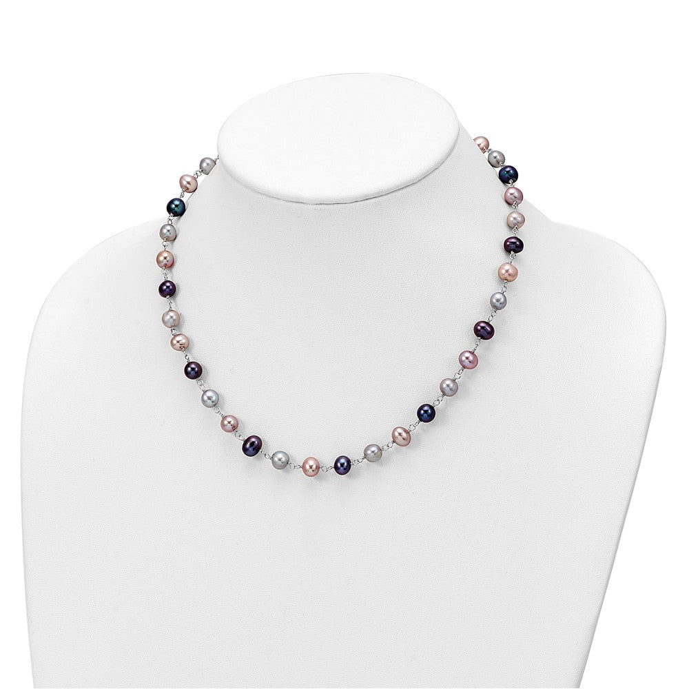 PSSN Sterling Silver Rhodium-plated 6-7mm Grey, Pink and Black Semi-Round Freshwater Cultured Pearl 18 inch Necklace, 7.25 inch Bracelet and 3-piece Button Post Earrings Set