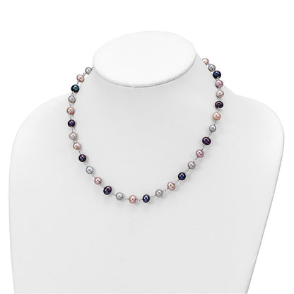 PSSN Sterling Silver Rhodium-plated 6-7mm Grey, Pink and Black Semi-Round Freshwater Cultured Pearl 18 inch Necklace, 7.25 inch Bracelet and 3-piece Button Post Earrings Set