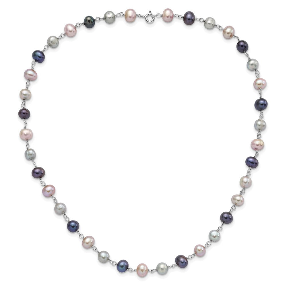 PSSN Sterling Silver Rhodium-plated 6-7mm Grey, Pink and Black Semi-Round Freshwater Cultured Pearl 18 inch Necklace, 7.25 inch Bracelet and 3-piece Button Post Earrings Set