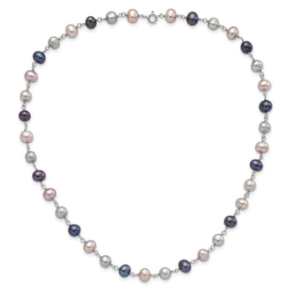PSSN Sterling Silver Rhodium-plated 6-7mm Grey, Pink and Black Semi-Round Freshwater Cultured Pearl 18 inch Necklace, 7.25 inch Bracelet and 3-piece Button Post Earrings Set